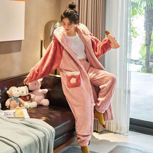Delia coral velvet pajamas for women in winter plus velvet thickened nightgown for mid-length student cartoon autumn home clothes two-piece set 9921 2XL code (recommended 140-160Jin [Jin equals 0.5 kg])