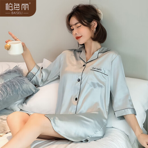 Baisili Nightgown Women's Summer 2021 New Thin Simulated Silk Nightgown Women's Home Clothes Sexy Short-Sleeved Boyfriend Style Mid-Length Shirt Style Nightgown Pajamas Gray Blue L