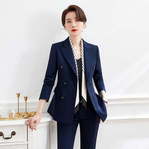 Luo Meng's professional attire, goddess style suit, fashionable suit, formal wear for women, Korean style interview work clothes, spring, autumn and winter thick work clothes, dark blue suit jacket + pants M