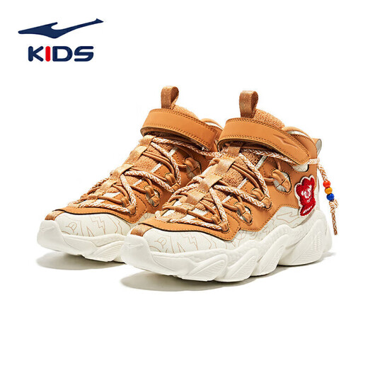 Hongxing Erke (ERKE) children's shoes, boys' medium and large children's high-top casual shoes, children's sports running shoes, oak bud white/caramel yellow brown 36