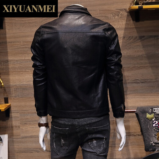 Nishihara Beauty Fashion Brand Leather Jacket for Men Spring and Autumn Korean Style Trendy Lapel Handsome Casual Slim Motorcycle Leather Jacket FD6874 Black Velvet M