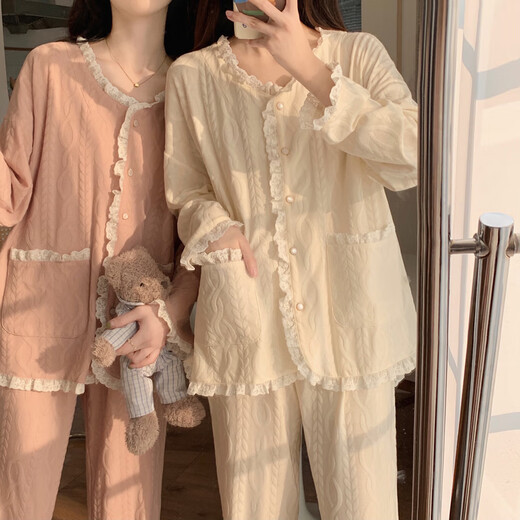 浪莎甜美2025春夏夏季提花棉质睡衣少女新款长袖长裤套装公主风家居服 带胸垫9904#杏色 M 建议80-100斤