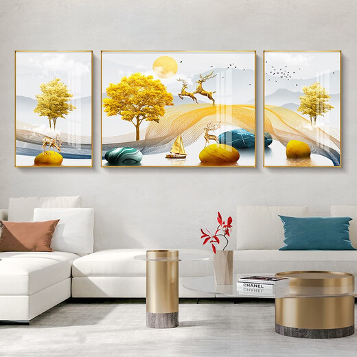 Mo Painting Lulin Modern Simple Living Room Decoration Painting New Chinese Sofa Background Wall Mural Landscape Painting Hall Triple Scenic Hanging Painting 6-Golden Lu Fulu 14134 Mirror Crystal Porcelain Middle 80*60 Side 40*60 Black Frame