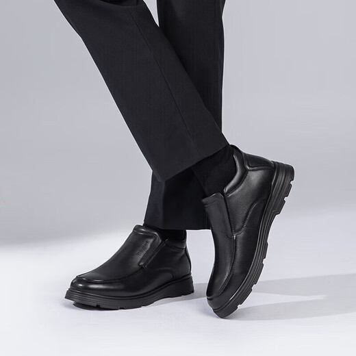 Kangnai men's toe-layer cowhide winter warm plus velvet high-top leather shoes men's business casual shoes black 42