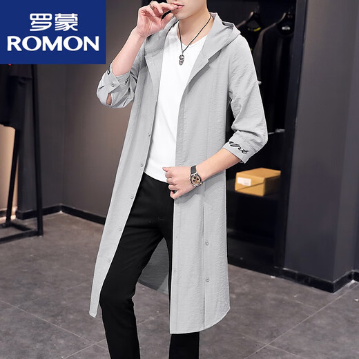 罗蒙（ROMON）防晒风衣男士中袖薄款长款开衫上衣夏季新款纯色简约短袖外套男 白色902中袖翻领长款 M