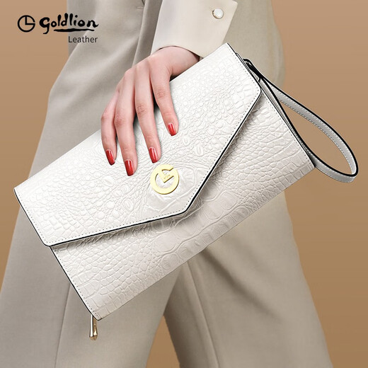 Goldlion Women's Bag Crocodile Pattern Genuine Leather Fashion Clutch 2025 New Light Luxury Senior Women's Handbag Brand Clutch Bag White