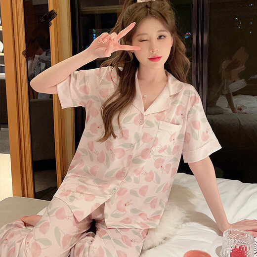 莫代尔冰丝睡衣女夏天短袖长裤感薄款网红风春秋夏季家居服套装 FS-9905水蜜桃【短袖+长裤】 M :【适合75-95斤】