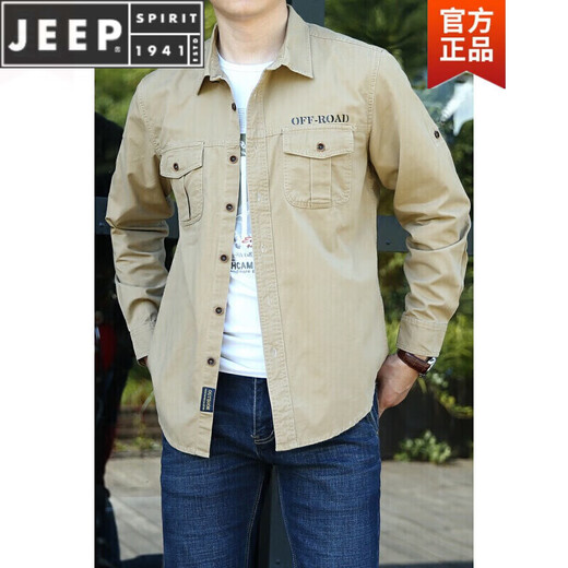 JEEP SPIRITPIRIT长袖衬衫男士春秋休闲纯棉大码宽松衬衣青年上衣薄款外套男 加绒卡其色1389 S 均码