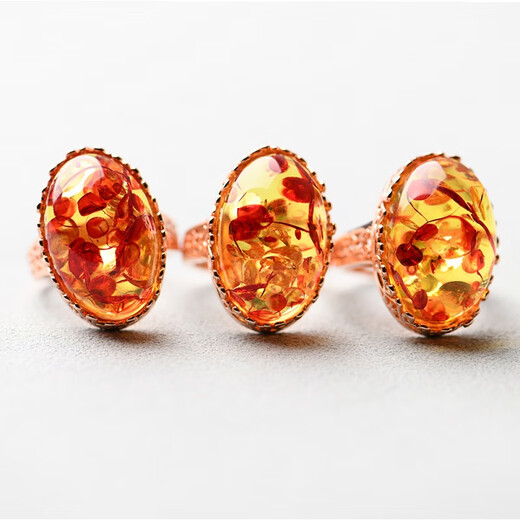 Chengyuanxiang CREORISETIN natural flower amber ring, raw stone, beeswax amber two-color ring, sterling silver inlay, live female best friend's birth year gift, flower amber ring