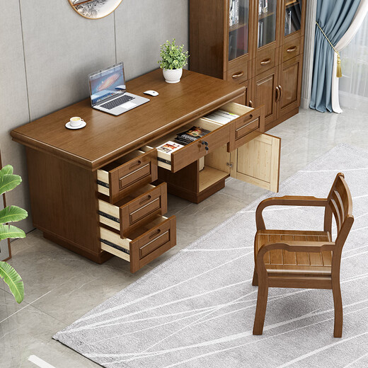 Rulan solid wood desk boss desk and chair combination new Chinese style executive desk home computer desk writing desk 1.4 meters desk walnut color