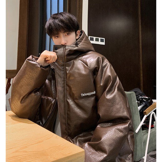 Poke Mailad PU leather cotton jacket men's hooded winter new American fashion brand thickened warm large size loose cotton jacket brown XL 130-150Jin Jin equals 0.5 kg