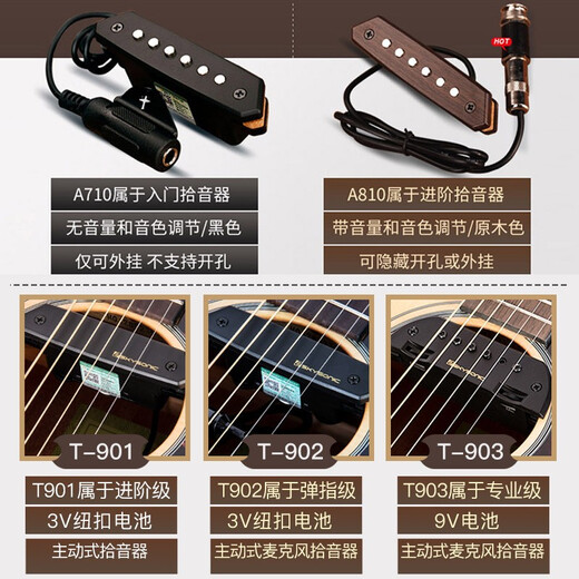 SKYSONIC 天音A810原声免开孔扩音器民谣木吉他音孔拾音器内置拾音神器 主动双拾音可打板T902+3米降噪线
