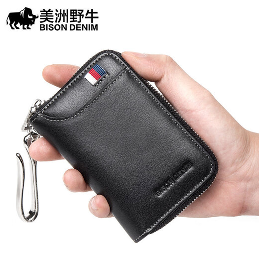 Ключевой пакет American Bison Car для мужчин и женского верхнего слоя Cowhide Card Card Pack для купона на молнии.