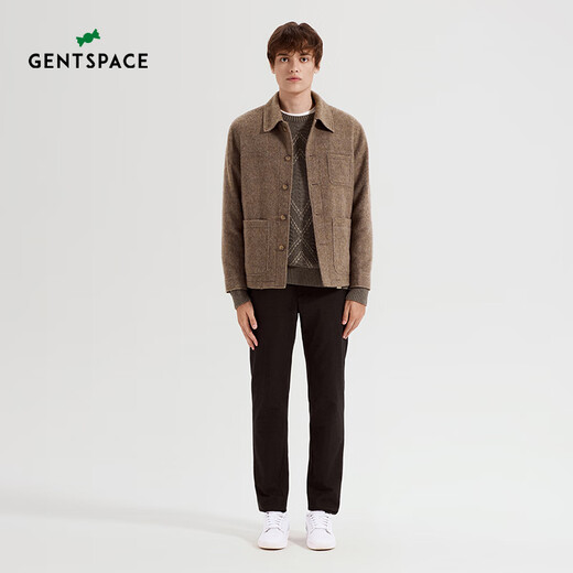 GENTSPACE男士夹克2024秋冬新款都市毛呢翻领夹克外套男 驼色 加绒 浅 含63绵羊毛 4XL 46
