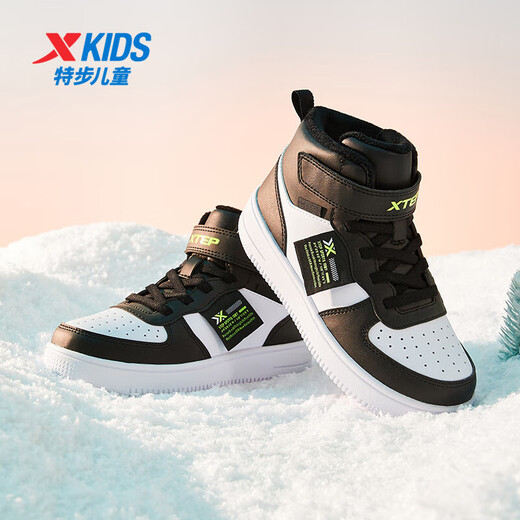 Xtep children's cotton shoes leather surface moisture-proof and stain-resistant high-top sneakers warm and comfortable Velcro high-top sneakers black/new white 31