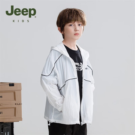 Jeep children's sun protection clothing 2025 summer new breathable skin clothing boys and girls sun protection clothing hooded thin jacket white 110 cm