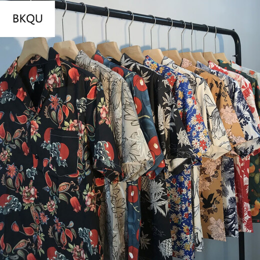 BKQU2023港风vintage花短袖衬衫男情侣夏季复古潮牌古巴领夏威夷宽松 x693 L