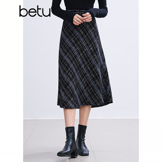 Betu women's winter new skirt high waist small fragrant style yarn-dyed plaid skirt women 2411T72 purple plaid S