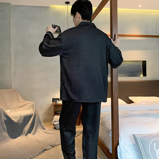 
Lanmiao LAMIU men's pajamas ice silk long sleeves 2024 new spring and autumn high-end imitation silk youth home clothing set high-quality ice silk 844 XL size height about 175 weight 130-150 Jin [Jin equals 0.5 kg]