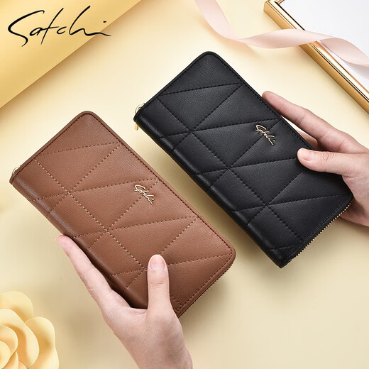 SATCHI women's bag genuine leather wallet fashion wallet brand 2025 new fashion handbag clip clutch coin wallet black [gift box packaging]