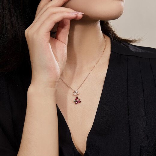 Happy diamond 18K rose gold tourmaline pendant female colored gemstone necklace butterfly colorful treasure clavicle chain for girlfriend birthday gift 1 carat tourmaline + secondary diamond 8 points - ready stock