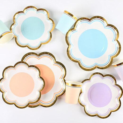 Haofanjie disposable color paper dinner plate food grade birthday tableware dessert snack plate bone plate large plate 7 inch purple petal paper plate 10 pieces