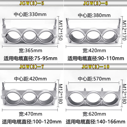一字三芯铝合金高压电缆固定夹具JGW3-13567电缆卡扣线夹卡箍定制 JGW(3)-6 电缆外径(90-110)