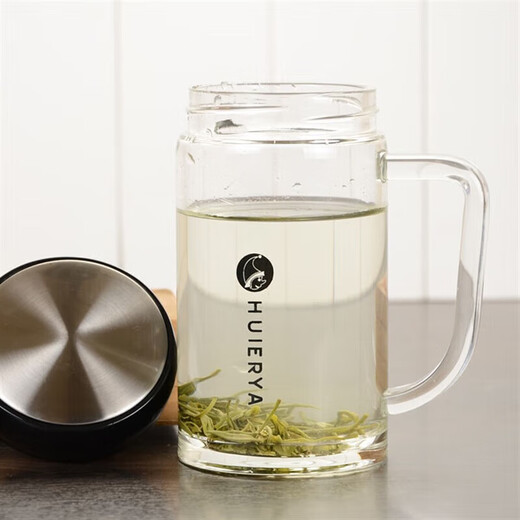 Yile Shuhuierya glass cup Huierya single/double-layer glass cup large brewed tea cup tea jar with lid office leak male single layer 983 340ml
