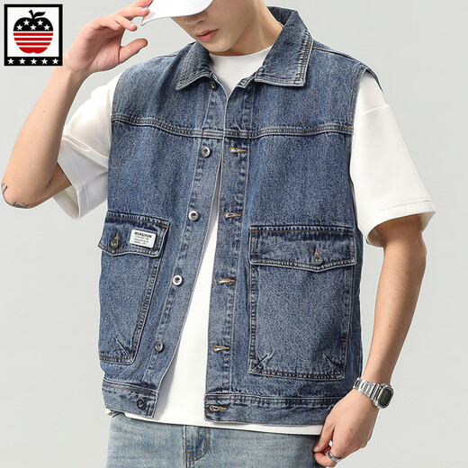 Aemape Apple Denim Vest Herrenjacke European und American Trendy Frühling großer Taschenhülsen und Mode Marke Vest Horse Clip 9215# Blue 4xl (Empfohlen 210 230jin [Jin gleich 0,5 kg])