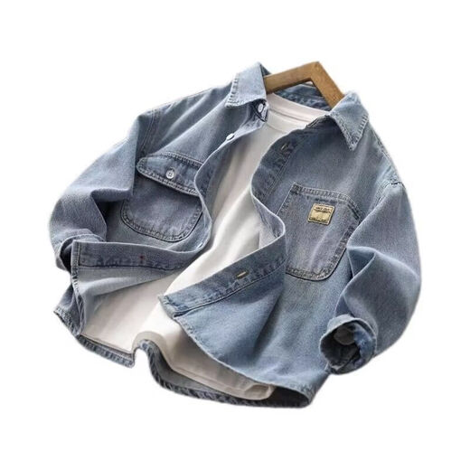 Remtin boys' denim shirt spring and autumn new children's long-sleeved casual jacket thin shirt medium and large children's cardigan top denim blue size 90 recommended height 85cm