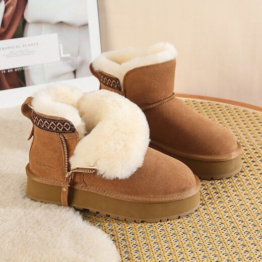 Belle's wool snow boots women's fur integrated 2024 new thick-soled side zipper short boots plus velvet thickened anti-slip cotton shoes gray 37