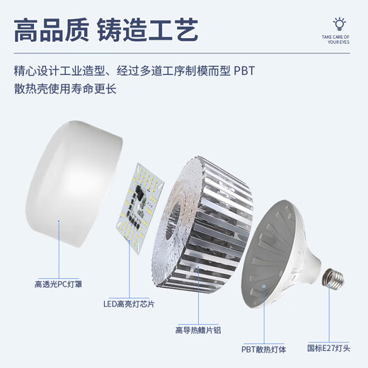 Platinum LED bulb E27 high-power high-brightness energy-saving lamp fin aluminum construction site workshop lighting super bright bulb 50W