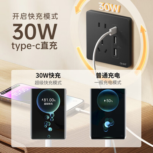 Chint (CHNT) switch socket panel wall switching power supply 86 type concealed five-hole socket household whole house switch socket package frameless large panel 6C dark gray four open dual control