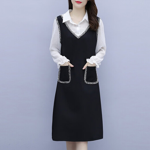 Shanidoluo large size women's dress spring new style fat mm temperament plus obese people look slimming style waist-covering skirt 16759 16753-Black 2XL Recommended 130-150Jin [Jin equals 0.5 kg] to wear