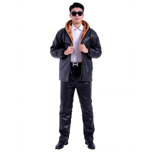 AJXOOR leather jacket and leather pants suit plus velvet and thickened men's leather jacket waterproof loose casual winter hooded work cotton coat detachable hooded top thickened 3XL recommended 138-155 Jin Jin equals 0.5 kg