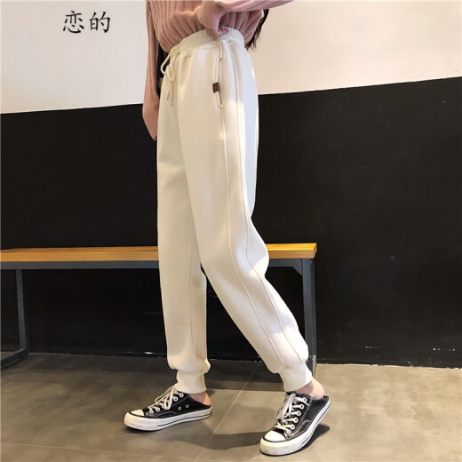 Winter high school students, junior high school students, girls' pants, women's velvet thickened student winter sports pants, Korean style loose sweatpants, leggings, harem pants, autumn girls, middle school students, trendy casual pants, milky apricot color, plus velvet, one size fits all