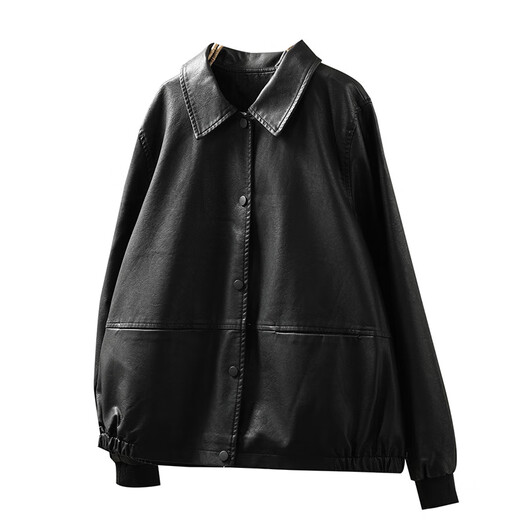 AEMAPE black leather jacket women's loose and slim spring and autumn new style lapel pu leather motorcycle jacket Hong Kong style jacket trendy black L -110-125Jin Jin equals 0.5 kg