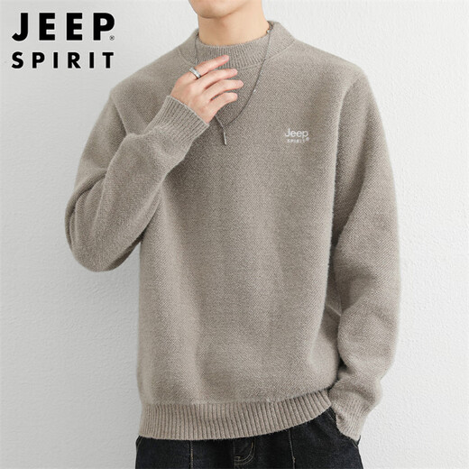 JEEP SPIRIT Jeep sweater men's autumn and winter Korean style round neck sweater men's one-piece velvet warm sweater light gray XL