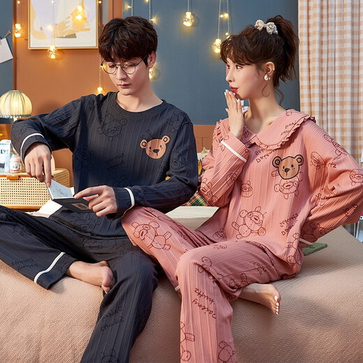 Manzhiban couple pajamas spring and autumn pure cotton long sleeve Korean style teenagers for men and women in autumn cute 2021 new winter QM men 1592 women 2592 single set price-women M
