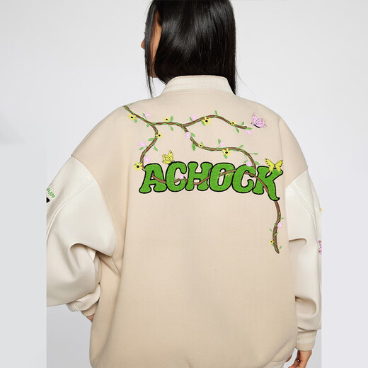A CHOCK American hip-hop heavyweight flower vine embroidered baseball uniform loose jacket for men apricot M