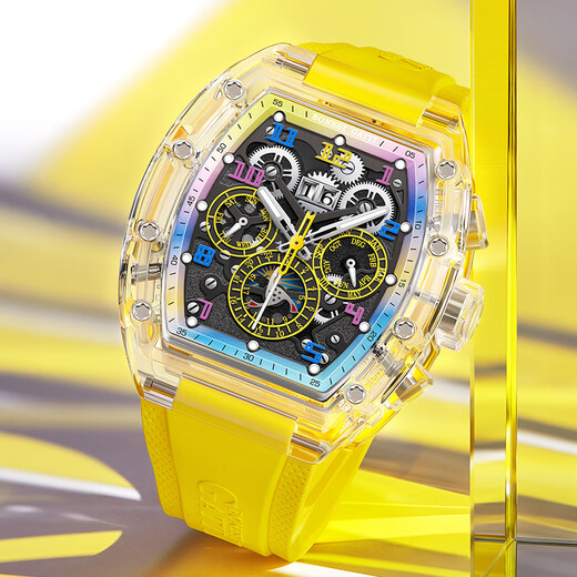 
BONEST GATTI German men's hollow fully automatic mechanical watch crystal shell luminous watch Valentine's Day birthday gift for boyfriend BG9920-A3 transparent shell yellow face yellow tape
