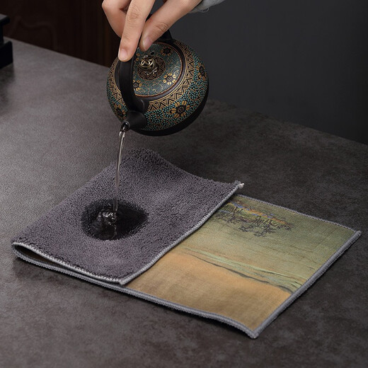 Jiutang painted tea towel cloth absorbent high-end cotton and linen tea table mat tea tray rag towel tea set accessories raising pot towel Zen (Qianli Jiangshan) painted art tea towel