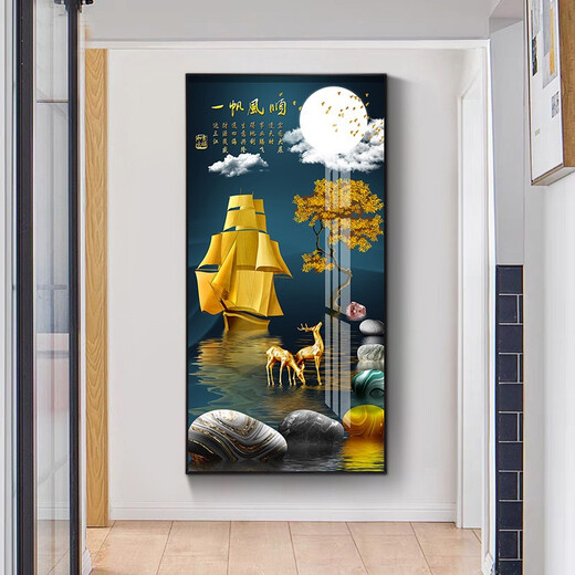 Xiao Lulin Light luxury entrance decoration painting New Chinese style entrance painting aisle corridor mural Nordic abstract elk hanging painting crystal porcelain painting 14087 smooth sailing Diamond inlay painting 100*200 cool black (customized size)