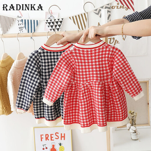 Radinka2025 new autumn and winter girls dress children's knitted plaid skirt baby girl stylish red princess dress TSB pink bow two-piece set without velvet 100 cm