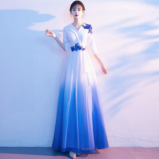 Li Baixin's new large choir performance clothing, women's long skirt, adult host conductor dress, atmospheric red song recitation competition clothing, blue 3XL, recommended 130-135Jin Jin is equal to 0.5 kg