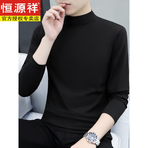 Hengyuanxiang pure cotton spring and autumn half-high collar bottoming shirt men's slim fit inner long-sleeved T-shirt mid-collar men's autumn coat outer wear YPT192 black half-high XL recommended 130-145Jin Jin equals 0.5 kg