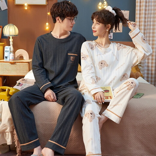 Manzhiban couple pajamas spring and autumn pure cotton long sleeve Korean style teenagers for men and women in autumn cute 2021 new winter QM men 1592 women 2592 single set price-women M