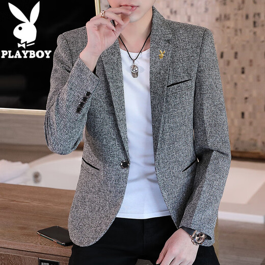 Playboy suit men's autumn and winter casual men's single Western Korean version slim fashion youth small suit j plus velvet jacket men's trendy K03 black regular style 2XL135-150Jin Jin is equal to 0.5 kg wear