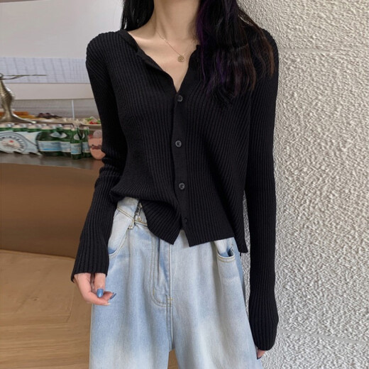 Shuoyi Meilian Knitted Sweater Women's Cardigan 2024 Spring New Korean Style Western Style Versatile Slim Long Sleeve Top Women's Black One Size