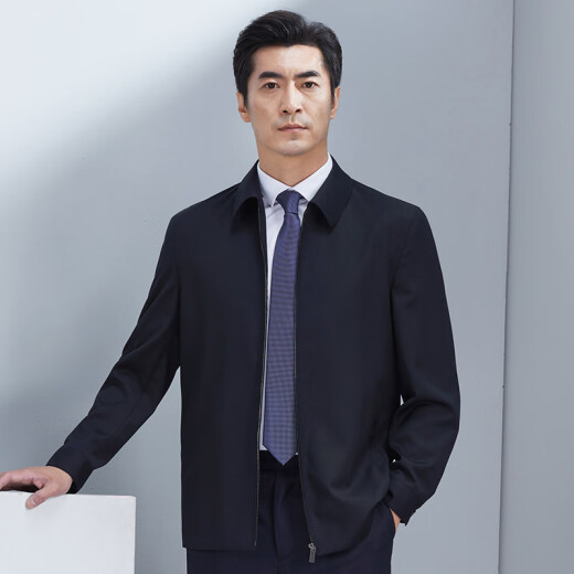 红都100精纺羊毛夹克商务正装上班开会翻领袖口带扣中年男装外套 藏蓝JT8229-1 175/92A